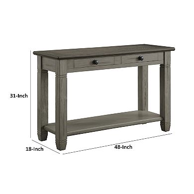 Rome 48 Inch Sofa Table, Rectangular, 2 Drawers, Brown, Gray, Solid Wood