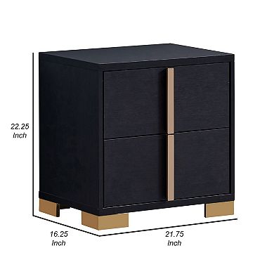 Dex 22 Inch Nightstand, 2 Drawers With Long Vertical Gold Handles, Black