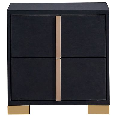 Dex 22 Inch Nightstand, 2 Drawers With Long Vertical Gold Handles, Black
