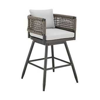Piper 30 Inch Outdoor Swivel Barstool Chair, Rope Woven, Gray Cushions