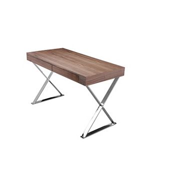 Rix 47 Inch Office Desk, Walnut Wood Top, 2 Drawers, X Polished Steel Legs