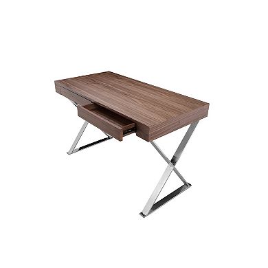 Rix 47 Inch Office Desk, Walnut Wood Top, 2 Drawers, X Polished Steel Legs