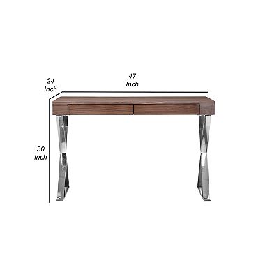 Rix 47 Inch Office Desk, Walnut Wood Top, 2 Drawers, X Polished Steel Legs