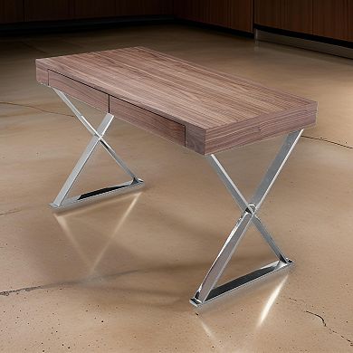 Rix 47 Inch Office Desk, Walnut Wood Top, 2 Drawers, X Polished Steel Legs