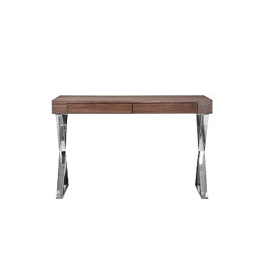 Rix 47 Inch Office Desk, Walnut Wood Top, 2 Drawers, X Polished Steel Legs