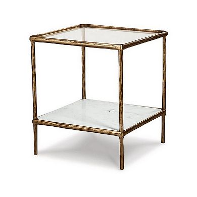 Dalie 25 Inch Accent Table, Square Glass Tabletop, Marble, Antique Gold