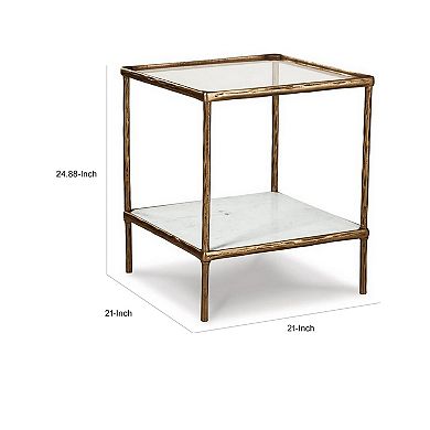 Dalie 25 Inch Accent Table, Square Glass Tabletop, Marble, Antique Gold