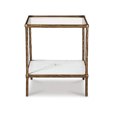 Dalie 25 Inch Accent Table, Square Glass Tabletop, Marble, Antique Gold