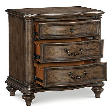 Deborah 30 Inch Nightstand, 3 Drawers, Bronze Drop Handles, Brown Wood