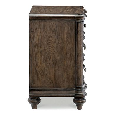 Deborah 30 Inch Nightstand, 3 Drawers, Bronze Drop Handles, Brown Wood