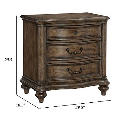 Deborah 30 Inch Nightstand, 3 Drawers, Bronze Drop Handles, Brown Wood
