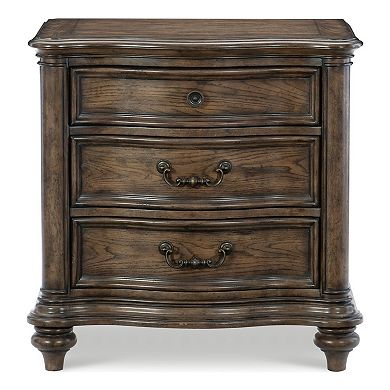 Deborah 30 Inch Nightstand, 3 Drawers, Bronze Drop Handles, Brown Wood
