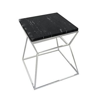 Lio 18 Inch Side End Table, Black Marble Top, Silver Open Hourglass Frame