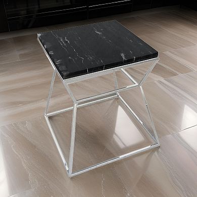 Lio 18 Inch Side End Table, Black Marble Top, Silver Open Hourglass Frame