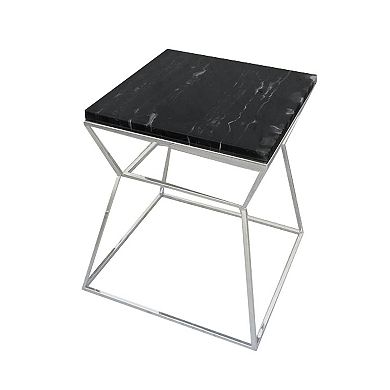Lio 18 Inch Side End Table, Black Marble Top, Silver Open Hourglass Frame