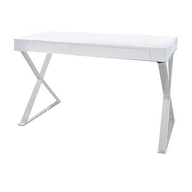 Rix 47 Inch Office Desk, White Wood Top, 2 Drawers, X Polished Steel Legs