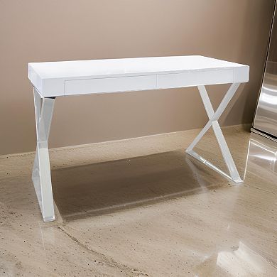 Rix 47 Inch Office Desk, White Wood Top, 2 Drawers, X Polished Steel Legs