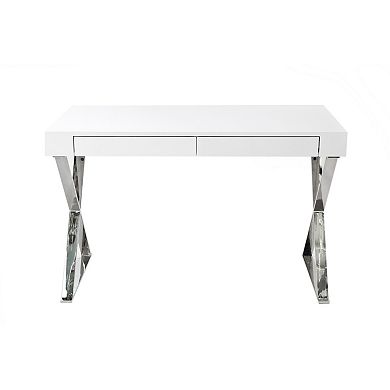 Rix 47 Inch Office Desk, White Wood Top, 2 Drawers, X Polished Steel Legs