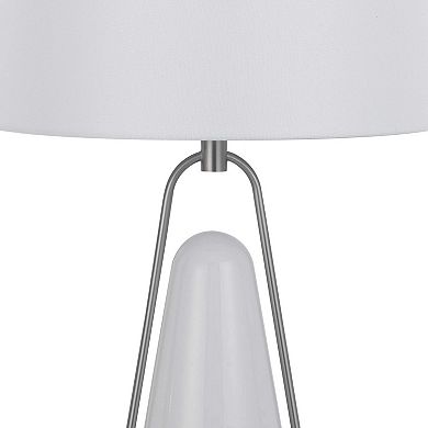 29 Inch Table Lamp, Led Lit, White Drum Hardback, Silver Metal And Glass