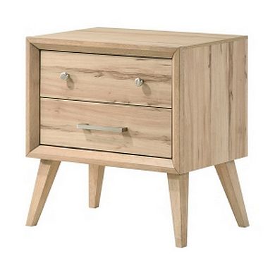 Kali 27 Inch Nightstand, 2 Drawers, Nickel Handles, Oak Brown Solid Wood