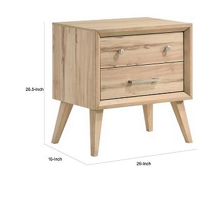 Kali 27 Inch Nightstand, 2 Drawers, Nickel Handles, Oak Brown Solid Wood