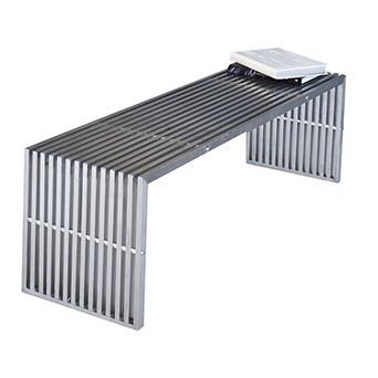 Niki 55 Inch Metal Bench, Slatted, Rectangular Shape, Brushed Silver Steel