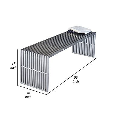 Niki 55 Inch Metal Bench, Slatted, Rectangular Shape, Brushed Silver Steel