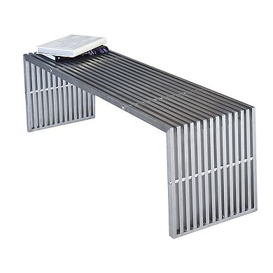 Niki 55 Inch Metal Bench, Slatted, Rectangular Shape, Brushed Silver Steel