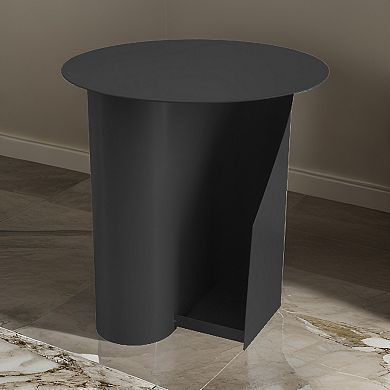 Rati 19 Inch Side End Table With Magazine Rack, Round Top, Black Finish