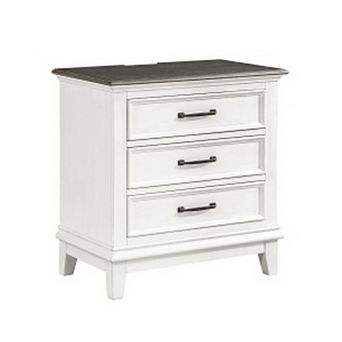 Woki 29 Inch Nightstand, 3 Drawers, Usb Port, White, Brown Solid Wood