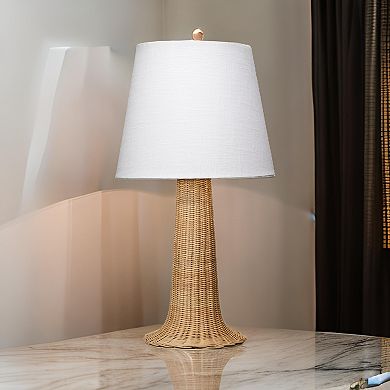 27 Inch Table Lamp, Tree Trunk Base, Tapered Shade, White, Natural Brown