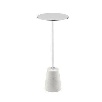 Sen 21 Inch Drink Side End Table, Cone White Marble Base, Chrome Metal Top