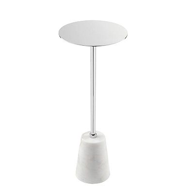 Sen 21 Inch Drink Side End Table, Cone White Marble Base, Chrome Metal Top
