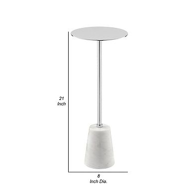 Sen 21 Inch Drink Side End Table, Cone White Marble Base, Chrome Metal Top