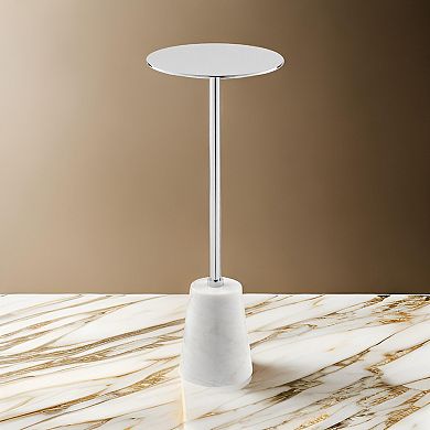 Sen 21 Inch Drink Side End Table, Cone White Marble Base, Chrome Metal Top
