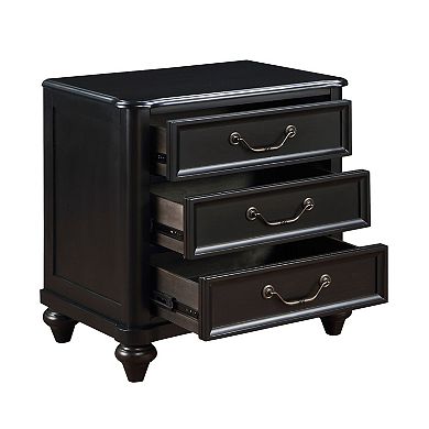 Vix 27 Inch Nightstand, 3 Drawers, Molded Design Pewter Drop Handles, Black