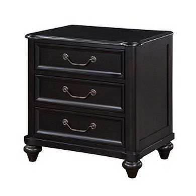 Vix 27 Inch Nightstand, 3 Drawers, Molded Design Pewter Drop Handles, Black