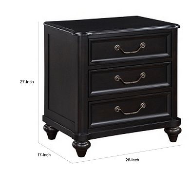 Vix 27 Inch Nightstand, 3 Drawers, Molded Design Pewter Drop Handles, Black