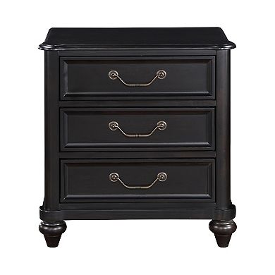 Vix 27 Inch Nightstand, 3 Drawers, Molded Design Pewter Drop Handles, Black