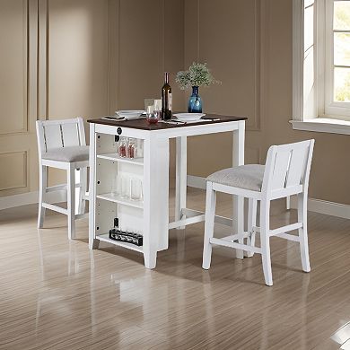 Ham 3 Piece Counter Height Compact Dining Table, Chair Set, White Wood