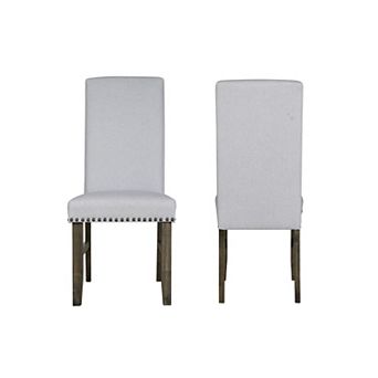 Luo 19 Inch Dining Chairs Set Of 2, Nailhead Trim, Gray Fabric, Brown Wood