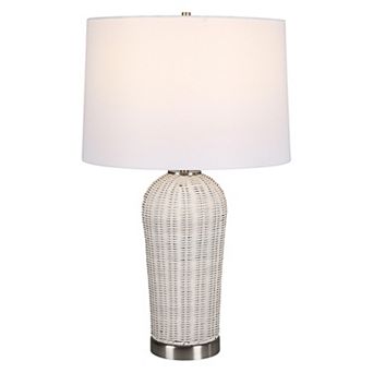 25 Inch Table Lamp, Rattan Woven, White Linen Shade, Brushed Silver Accents