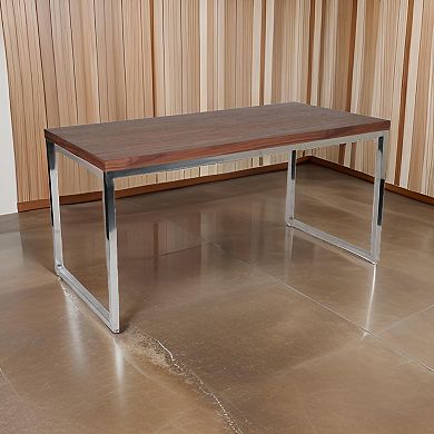 Rami 59 Inch Office Desk, Rectangular Top, Walnut Brown Wood, Steel Frame