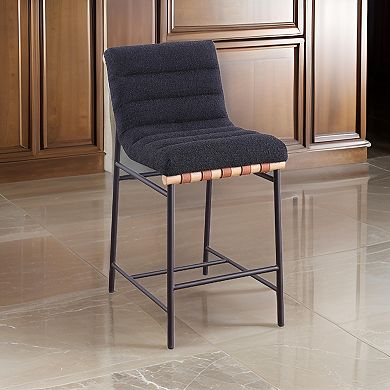 Kive 24 Inch Counter Height Stool Chair, Black Boucle Channel Tufted Seat, Steel