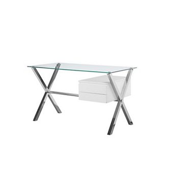 Tia 51 Inch Small Office Desk, Glass Tempered Top, 2 Drawers, White Finish