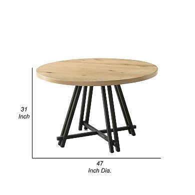 Tete 47 Inch Dining Table, Solid Brown Wood Round Top, Black Metal Base