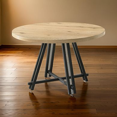 Tete 47 Inch Dining Table, Solid Brown Wood Round Top, Black Metal Base