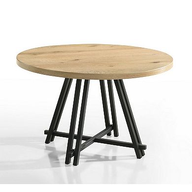 Tete 47 Inch Dining Table, Solid Brown Wood Round Top, Black Metal Base