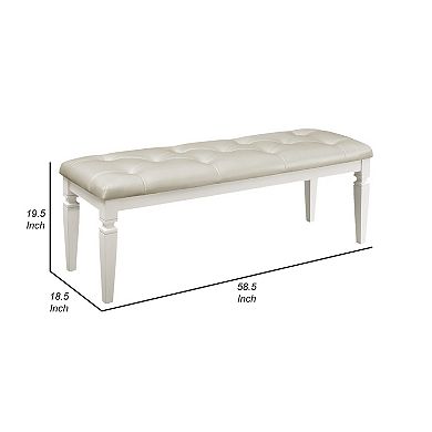 Lura 54 Inch Accent Bench, Button Tufted Foam Faux Leather, White Wood