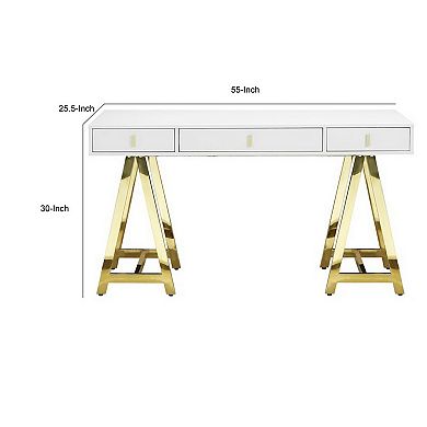 Ile 55 Inch Desk With 3 Storage Drawers, White Wood Veneer, Gold Metal